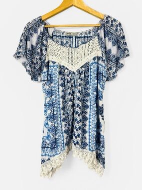 Lace Yoke Peasant Top Flutter Sleeves